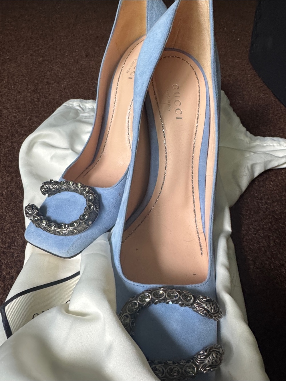 Gucci Light Blue Suede Crystal-Embellished Buckle Pumps